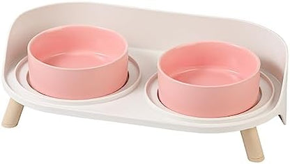 Raised Cat Food and Water Bowl Set - Elevated Ceramic Dishes with Non-Slip Stand and Splash Guard for Small Dogs - 2 x 320 ML (4.9 OZ) - Pink by AHX