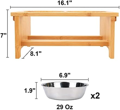 HTB Elevated Dog Bowl Stand with 2 Stainless Steel Bowls-7" H Medium Bamboo - Image 5