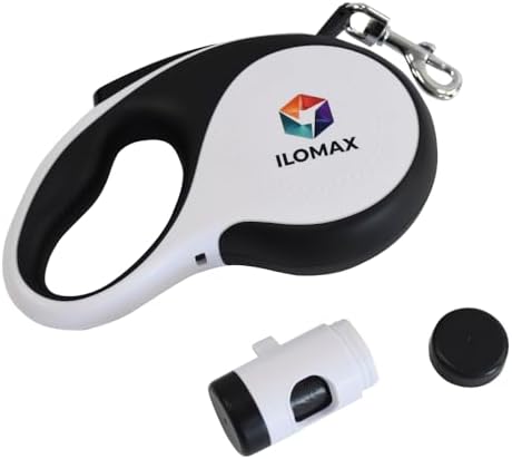 ILOMAX 360° Tangle-Free Retractable Dog Leash Built-in Waste Bag Dispenser Under Handle 2 Rolls Poop Bags Included Heavy Duty Tape Leash for Dogs up to 50kg Carry Pouch Included (White, XL) by ILOMAX