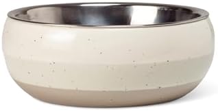 Fringe Studio Speckled Stripe Ivory Small Ceramic Pet Bowl W/Stainless Steel Bowl Insert (5" Diameter x 1.75" H, 13 fl.oz.), PetShop Collection (793SM001) by FringeStudio