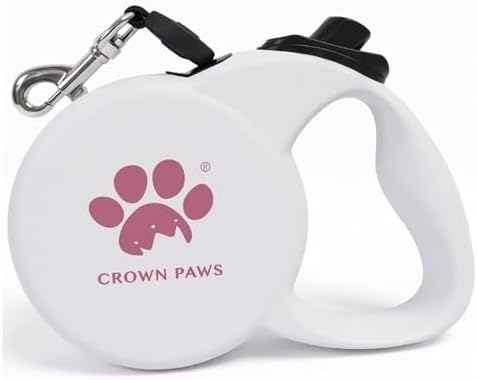 Retractable Dog Leash, 16ft Heavy Duty Nylon Tape for Medium Dogs up to 44 lbs, One-Hand Brake & Lock, Tangle-Free, Ergonomic 3" Large Handle, Lightweight White M GC-DAN by CROWN+PAWS