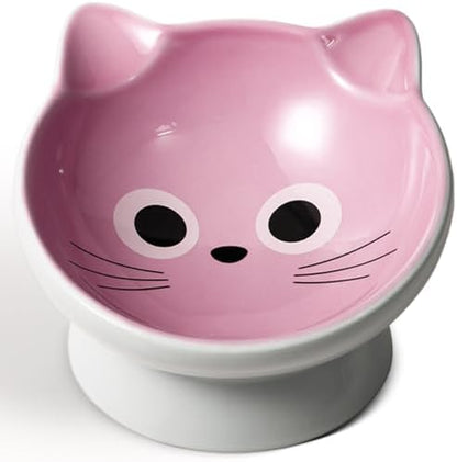 Raised Cat Food Bowl Ceramic 15° Tilted Cat Food Bowls Protect Cat's Spine Anti Vomiting Backflow Prevention for Adult, Kitten, and Small Dogs (Pink) by AISBUGUR