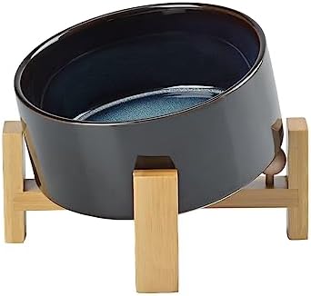 SPUNKYJUNKY 15° Slanted Ceramic Dog and Cat Bowl with Wooden Stand, Tilted Bulldog Food and Water Bowl No Slip Non-Spill for Cats Medium Dogs Big Face Pets 28.7 OZ (3.6 Cups, Starry Blue) by SPUNKYJUNKY