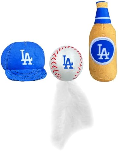 BEST PLUSH CAT TOY MLB LOS ANGELES DODGERS Complete Set of 3 piece Cat Toys filled with Fresh Catnip. Inc: 1 Baseball Cap Cat Toy, 1 Baseball Cat Toy with Feathers & 1 Beer Bottle. Beautiful Team LOGO - Image 2