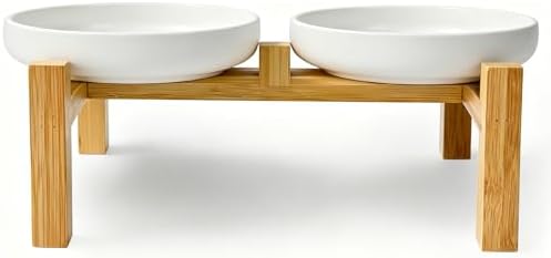 Shallow Elevated Cat Bowls with Bamboo Stand, 6.1 Inch Wide Ceramic Cat Dish Whisker Friendly, 2 Pack Pet Food and Water Plates by Lfpkixise