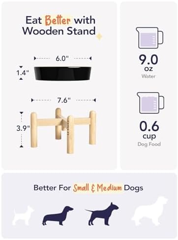 LE TAUCI Ceramic Slow Feeder Dog Bowls Elevated, 0.6 Cups Raised Dog Bowl with Wooden Stand for Small Breed, Pet Dishes to Slow Down Eating, Skull Black - Image 4