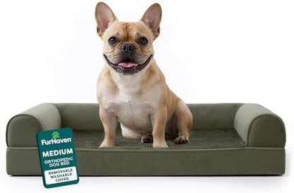 FurHaven Classic Soft Sofa Orthopedic Dog Bed for Medium Dogs, with Egg Crate with a Solid Orthopedic Foam Base for Joint Support, Removable Washable Cover, Medium, Faux Fur & Velvet, Dark Sage by FurHaven
