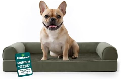 FurHaven Classic Soft Sofa Orthopedic Dog Bed for Medium Dogs, with Egg Crate with a Solid Orthopedic Foam Base for Joint Support, Removable Washable Cover, Medium, Faux Fur & Velvet, Dark Sage by FurHaven