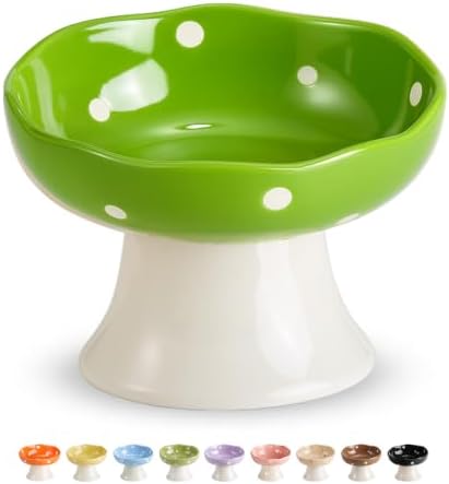 Green Mushroom Cat Bowl, Elevated Ceramic Bowl for Cats by Trundisan