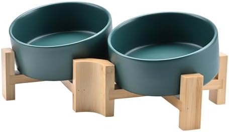 SPUNKYJUNKY 15° Slanted Ceramic Dog and Cat Bowl with Wooden Stand, Tilted Bulldog Food and Water Bowl No Slip Non-Spill for Cats Medium Dogs Big Face Pets 13.5 OZ (1.7 Cups, Green × 2) by SPUNKYJUNKY