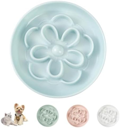Melamine Cat Slow Feeder Bowl - Floral Maze Cat Food Dish - Flat Plate for Dry & Wet Food - Cute Kitten Bowl - Dishwasher Safe - 6.3'' W x 1'' H - 5.5 oz (160g) - Blue by PTOBER