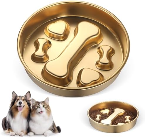 Golden Stainless Steel Slow Feeder Dog Bowls – Non-Slip Metal Dog Bowl for Large & Medium Breeds, Puppy Puzzle Feeder – 2 Cup Capacity for Small to Big Pets – Durable Slow Feed Dog & Cat Food Dish by Unknown