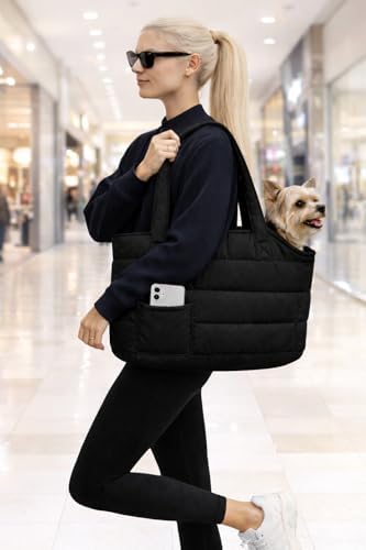 Dog Purse Carrier for Small Dogs, Puffer Dog Bag, Portable Travel Tote Bag for Small Dogs, with Safety Leash & Phone Pocket - Image 3