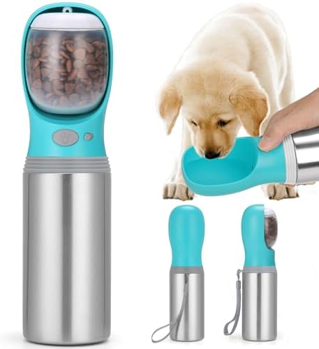 Portable Dog Water Bottle with Food Container, 14 OZ, Stainless Steel by Anipaw