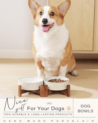 Getstar Elevated Ceramic Dog Cat Bowl Set - 1.8-Cup Raised Feeding Bowls with Non-Slip Wood Stand - Small Pet Dishes for Food and Water - Ideal for Cats and Puppies - Image 3