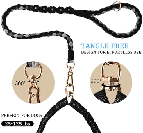 Double Dog Leash – Tangle-Free Dual Leash with 360° Swivel, Shock Absorbing Bungee, Reflective Stitching & Hand-Braided Main Rope (Supports Up to 440 lbs, Black) - Image 2