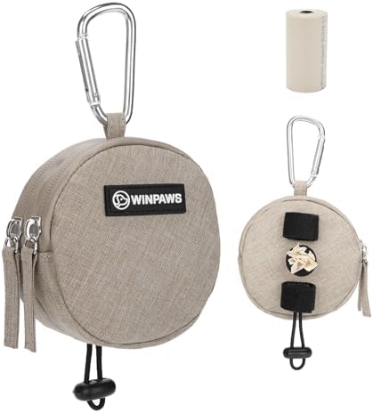 Dog Poop Bag Holder for Leashes- Dog Treat Pouch with Waterproof Zipper,Puppy Training Small Bag with Carabiner & Bungee Toggle,Two Pockets for Dry or Wet Treats-Pet Travel Walking Essentials (Khaki) by Unknown