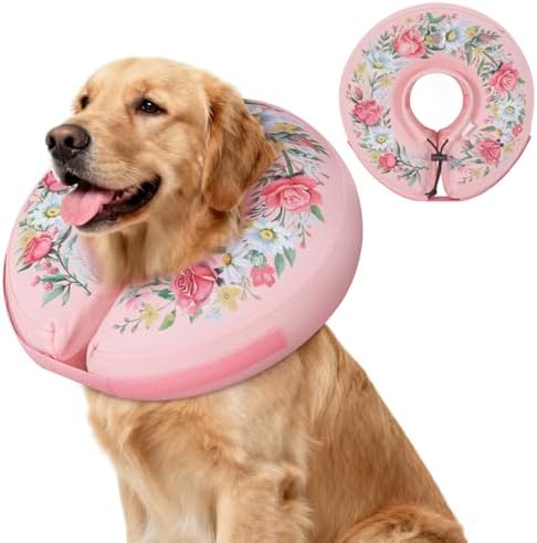 IEUUMLER Inflatable Recovery Dog Cone Collar, Neck Donut Protective ECollar, Adjustable Soft Collar for Dog and Cat After Surgery Prevent from Biting & Licking EU020 Floral Wreath M+ by IEUUMLER