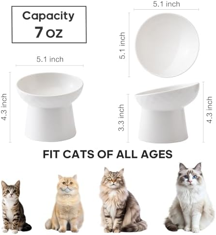Ceramic Raised Cat Bowls - Elevated Tilted Cat Food and Water Bowls Set, Anti Vomiting and Protect Pets' Spines Pet Feeding Dish for Cats, Dishwasher Microwave Safe (2 x Bowl - White) - Image 2
