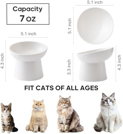 Ceramic Raised Cat Bowls - Elevated Tilted Cat Food and Water Bowls Set, Anti Vomiting and Protect Pets' Spines Pet Feeding Dish for Cats, Dishwasher Microwave Safe (2 x Bowl - White) - Image 2
