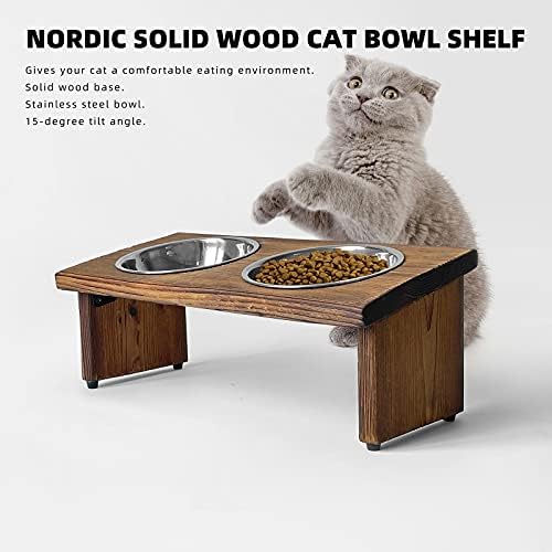 Elevated Cat Bowls, Wooden Raised Cat Bowl Stand with 2 Stainless Steel Bowls, 14.56 x 7 Inch Pet Feeding Station, Double Food and Water Bowls for Cats and Small Dogs - Image 2