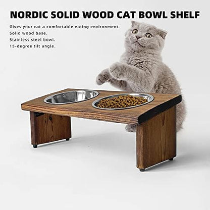 Elevated Cat Bowls, Wooden Raised Cat Bowl Stand with 2 Stainless Steel Bowls, 14.56 x 7 Inch Pet Feeding Station, Double Food and Water Bowls for Cats and Small Dogs - Image 2