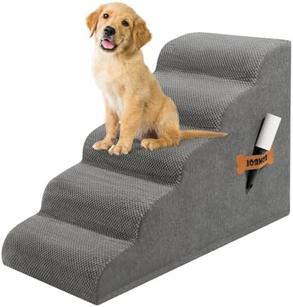 Romrol Dog Stairs Ramp for High Beds Couches, High Density Foam Pet Steps with Durable Non-Slip Waterproof Fabric Cover, Dog Stairs for Small Dogs or Cats or Pets, 5-Step, 22 Inch, Grey by Romrol