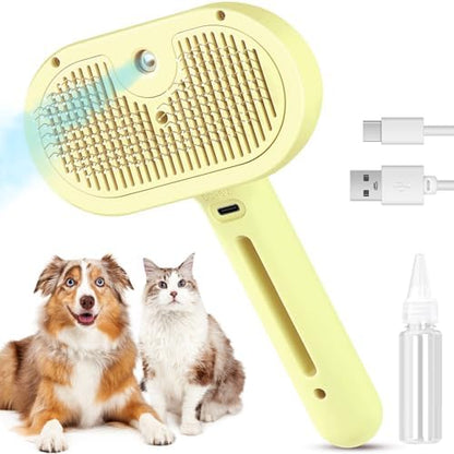 3 in 1 Cat Steam Brush, Pet Spray Hair Removal Comb for Shedding & Grooming, Water Brush for Cats Dogs Small Animals Long Short Haired with One-Click Release Button(Yellow) by FourSeas