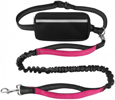 Hands Free Dog Leash with Waist Belt & Large Zipper Pouch, Waist Leash for Dog Walking, Running & Hiking, Reflective Stitching & Dual Padded Handles, Ideal for Medium to Large Dogs (Black Pink) by Ljovy