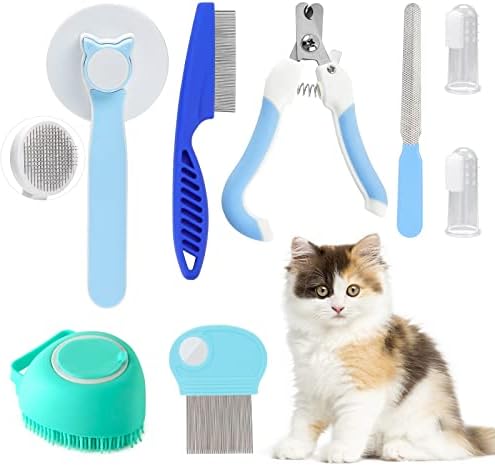 VCZONE 8 Pcs Cat Brush Grooming Kits, Pet Self Cleaning Kit with Pet Nail Clipper and File, Flea Comb, Pet Shampoo Bath Brush, Pet Shedding Brush, Silicone Toothbrush (Blue) by VCZONE