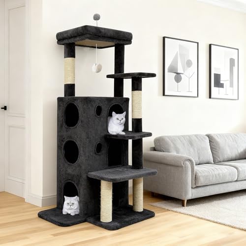 48" Cat Tree Tower for Indoor Cats, Multi-Level Cat House for Large Cats with 3 Cozy Cat Condos, Extra Large Top Perch, Sisal Scratching Posts & Climbing Steps, Dark Gray by BaoheDC