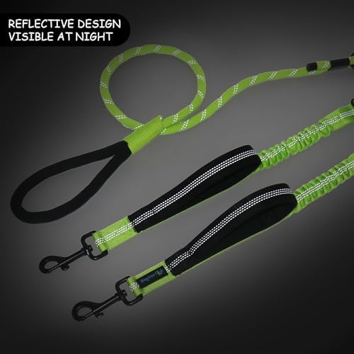 Double Dog Leash No Tangle – Dual Dog Leash for 2 Dogs with Shock Absorbing Bungee, 360° Swivel, Reflective Safety, Heavy Duty for Medium & Large Dogs (Neon Green) - Image 4