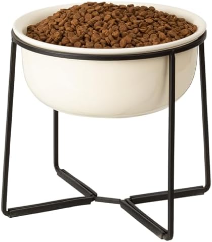 Ceramic Elevated Dog Food Bowl - Heavyweight Feeding Bowl with Metal Stand - Raised Pet Dish for Medium and Larges Dogs - 5.8 Cups - 47.3 oz - Beige by AHX