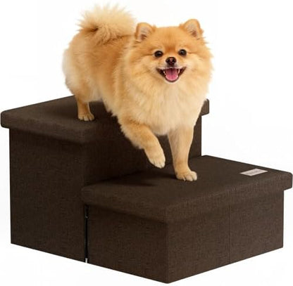 2-Step Wide Dog Stairs with Storage 11" H, Non-Slip Sturdy Pet Steps for Couch Chair, Dog Steps for Small/Medium Old Dogs, Cats, Rabbits Up to 150lbs, Foldable Cat Puppy Stairs for Car, Coffee by Fecuria