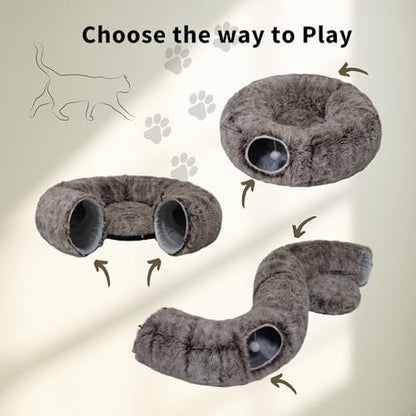 Cat Tunnel Bed for Indoor Cats with Washable Cushion Cat Cave Donut Tunnel with Fluffy Ball Big Round Tube Pet Playground Toys Soft Plush Peekaboo for Kitten, Cat, Puppy, Rabbit, Ferret（Brown） - Image 4
