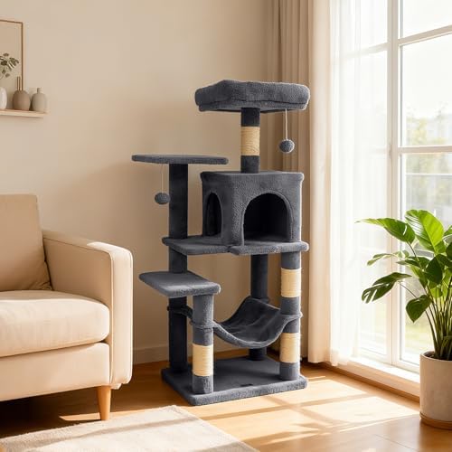 DORTALA Cat Tree for Indoor Cats, 44" Modern Cat Tower with Top Perch, Condo, Hammock, Sisal Scratching Posts, Dangling Balls, Platforms, Multi-Level Pet Climbing Furniture Playground (Grey) - Image 2