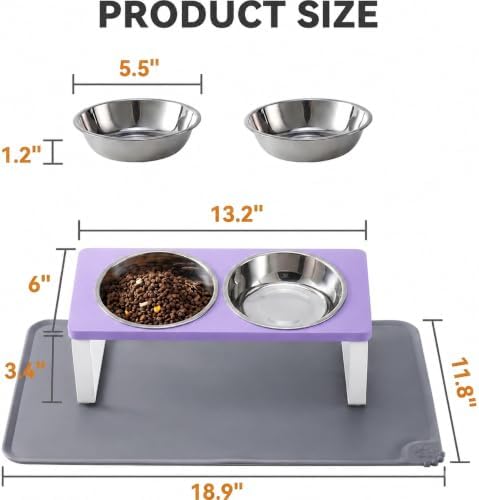 Summark Upgraded Elevated Cat Bowls with Food Mat,15°Tilted Stand Anti Vomiting Raised Cat Dishes for Food and Water,2 Stainless Steel Bowls for Cats and Puppy（Lavender） - Image 5