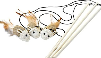 Cat Kitten Teaser Wand Toys, Sisal with Mouse, Bell, Feather, Elastic String, Sturdy Wood Stick, Interactive Fun, Cat Catcher Mice for Pet, Set of 3 by EarthtoneSolutions