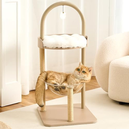 34" Modern Cat Tree Furniture for Indoor Small & Medium Cats, Minimalist Cat Tower with Scratching Posts, Wood Platforms, Capsule Perch, Stable Steel Frame & Washable Cushion, Cream Beige - Image 3
