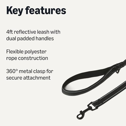 Amazon Basics Dog Leash, 4ft with 2 Comfortable Dual Padded Handles for Traffic Control, Highly Reflective Leashes for Large & Medium Dogs, Night Safety, Easy Snap Hook, Black - Image 2
