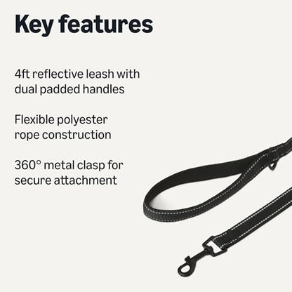 Amazon Basics Dog Leash, 4ft with 2 Comfortable Dual Padded Handles for Traffic Control, Highly Reflective Leashes for Large & Medium Dogs, Night Safety, Easy Snap Hook, Black - Image 2