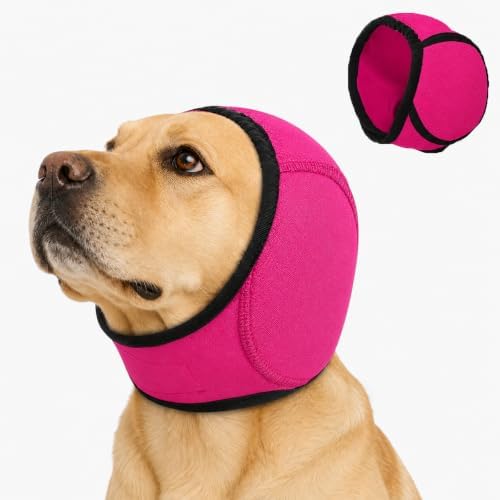 Dog Ear Muffs Noise Protection, Adjustable Dog Ear Wrap Calming Hoodie, No Shake Ear Covers for Thunder, Vacuum, Grooming & Bathing, Polyester Noise Reduction Padding with Elastic Strap(Rose red,S) by Unknown