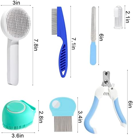 VCZONE 8 Pcs Cat Brush Grooming Kits, Pet Self Cleaning Kit with Pet Nail Clipper and File, Flea Comb, Pet Shampoo Bath Brush, Pet Shedding Brush, Silicone Toothbrush (Blue) - Image 2