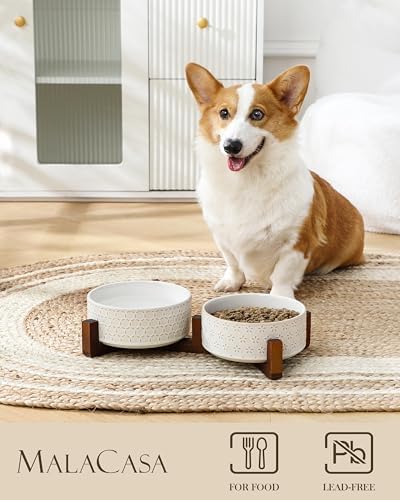 MALACASA Dog Bowl Set, Ceramic Bowls with Walnut Wood Stand, 4 Cups - Image 3