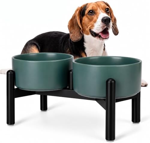 Raised Ceramic Dog Bowl Set with Stand, 3.5 Cups Elevated Dog Food Stand by PTOBER