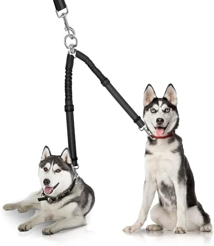 YAODHAOD Double Dog Leash,Two Dog Leash Splitter, No Tangle 360° Swivel Rotation Reflective Lead, Adjustable Length Bungee Heavy Duty Walking Training Dual Extension (Black) by YAODHAOD