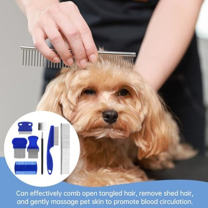 7PCS Flea Comb, Lice Comb, Double Sided Tick Removal Tool, Dematting Brush for Small, Medium & Large Pets Tainless Steel Grooming Combs, Professional Pet Grooming Kit (Blue) - Image 4