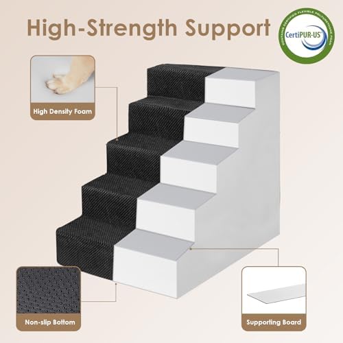 EHEYCIGA Dog Stairs for Bed 22.5" H, 5-Step Extra Wide Dog Steps, Black - Image 4