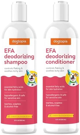 Essential Fatty Acid (EFA) Shampoo and Conditioner for Pets – 12oz Deodorizing Cherry Blossom Scent | Soothing for Dogs and Cats Rich with Moisturizing Emollients | Tearless, Soapless by Dogtopia