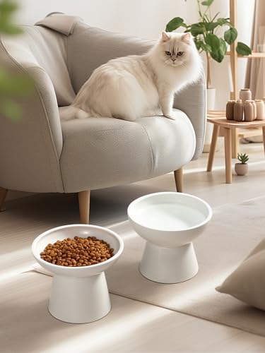 LoeJan Elevated Food and Water Bowls Set, Extra Wide and Raised Ceramic Feeder, Anti-Vomit Whisker-Free Pressure Cat Feeding Bowl for Kittens Adult Cats Small Dogs (White, Food Bowl) - Image 7